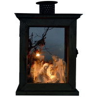 Wooden Lantern with Nativity Crib and Family B 10cm