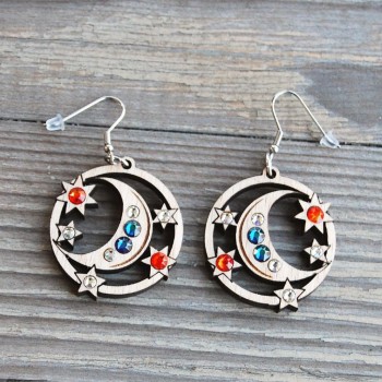 Wooden Earrings Moon and Stars