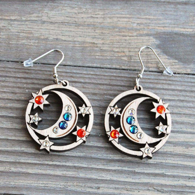 Wooden Earrings Moon and Stars