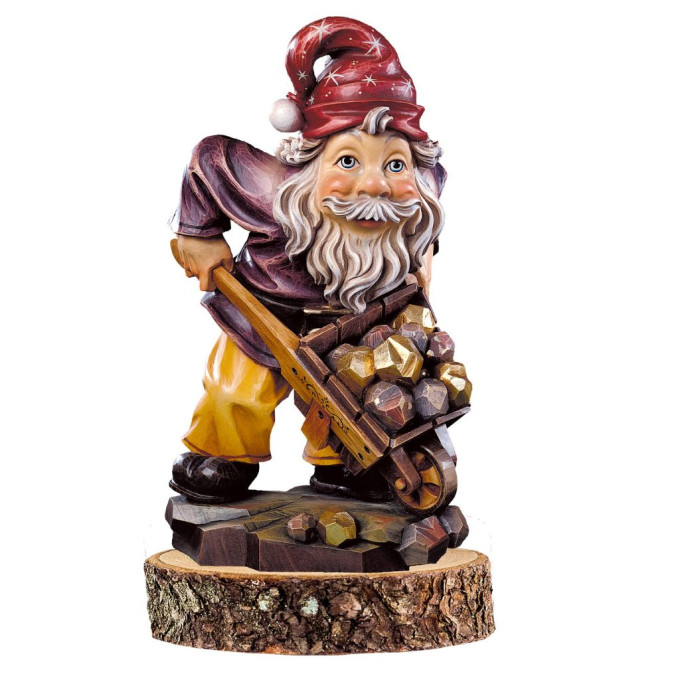 Trpaslík hľadač pokladov na drevenom podstavci