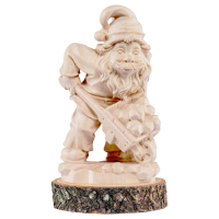 Trpaslík hľadač pokladov na drevenom podstavci