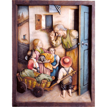 Drevený reliéf " U veterinára"