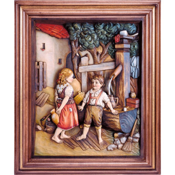 Drevený obraz deti pri studni